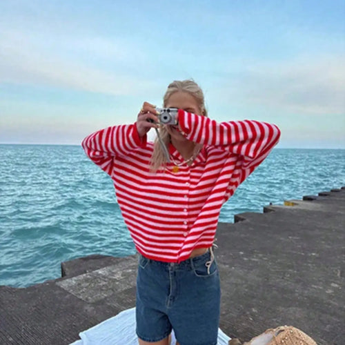 Women's Striped Sweater Cardigan, Loose Knitwear, Casual Long Sleeve Knitwear for Fall & Winter, Fashion Women's Knit Clothing for Daily Wear